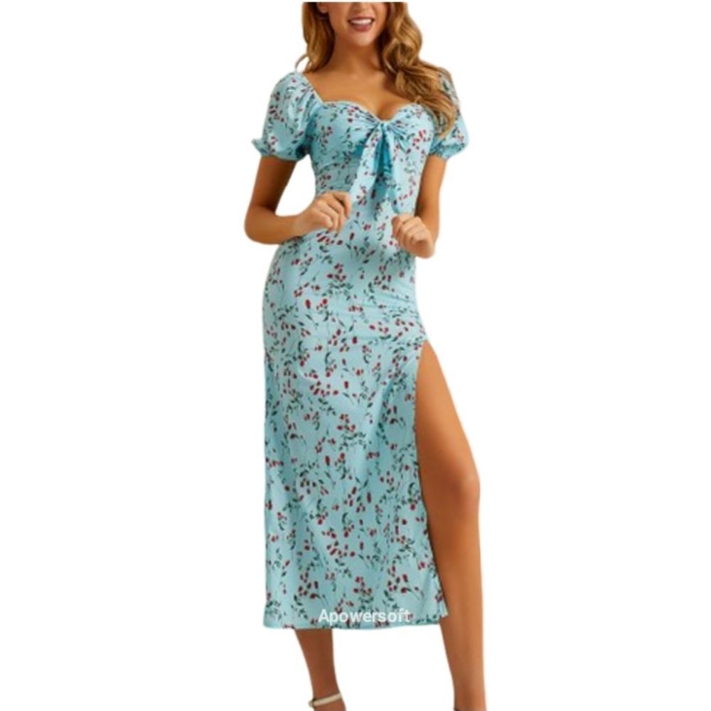 Floral Robins Egg Blue Midi Dress (0410)